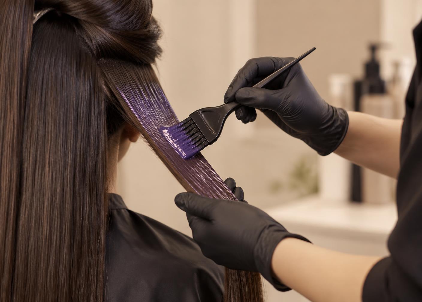 Stylist applying the violet smoothing cream to a thin hair section