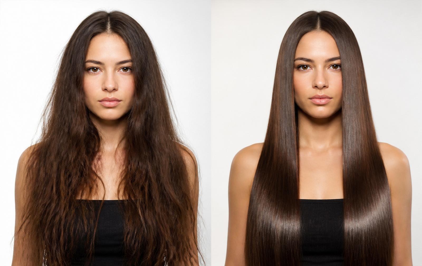 Before and after Brazilian Keratin smoothing treatment, same model, dry frizzy hair transformed into glossy straight hair