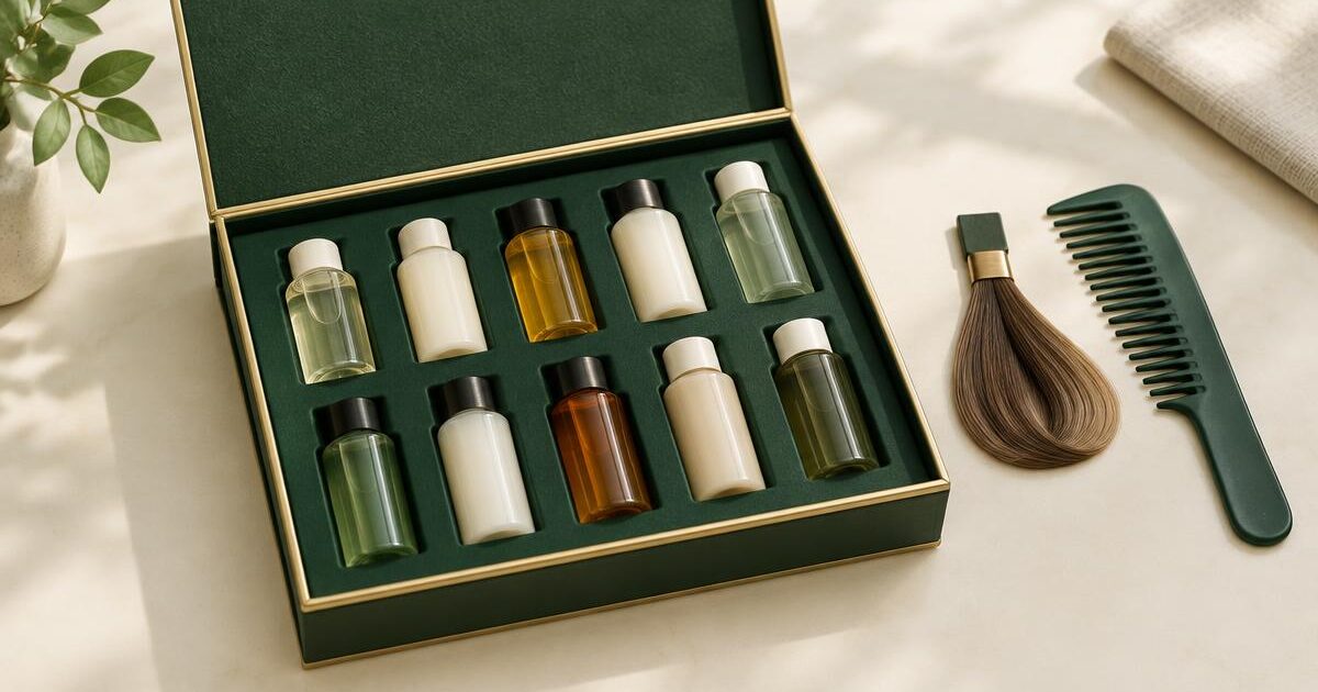 Open forest green sample box with ten small hair care bottles, a hair strand swatch and a comb on a cream table