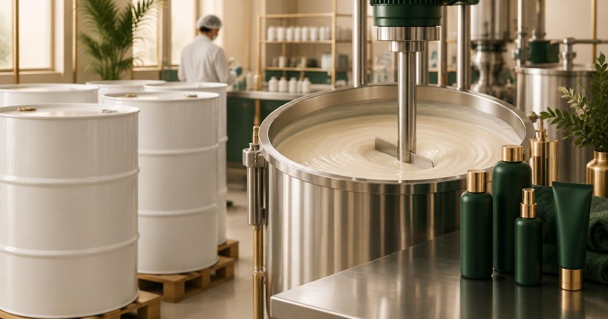 White bulk drums and a stainless steel mixing vessel with keratin smoothing formula in a Brazilian cosmetics factory