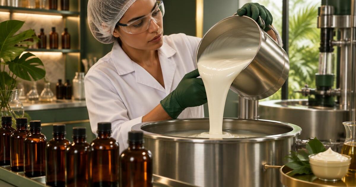 Technician pouring a glossy Brazilian protein smoothing cream into a stainless steel vessel in a cosmetics lab, with unlabeled amber bottles