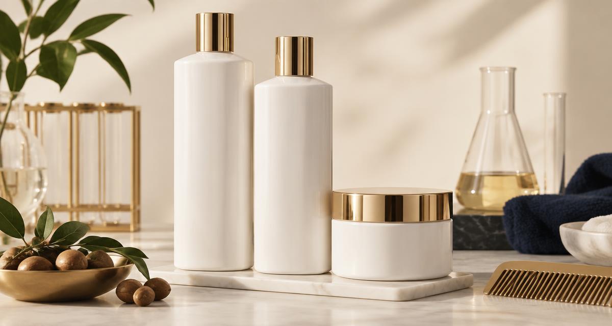 Unbranded white private label Brazilian keratin treatment bottles with gold caps on a cream marble surface
