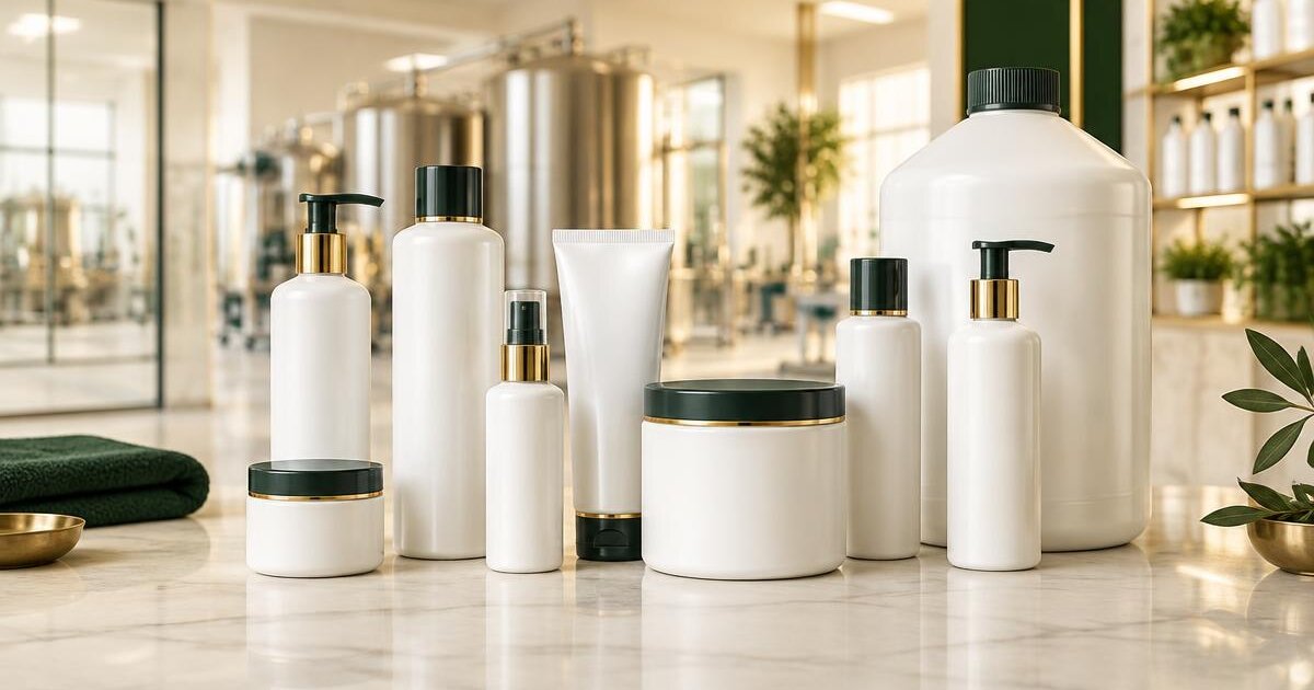 Unbranded white private label hair product bottles, jars and a salon-size container on a marble counter in a manufacturing showroom