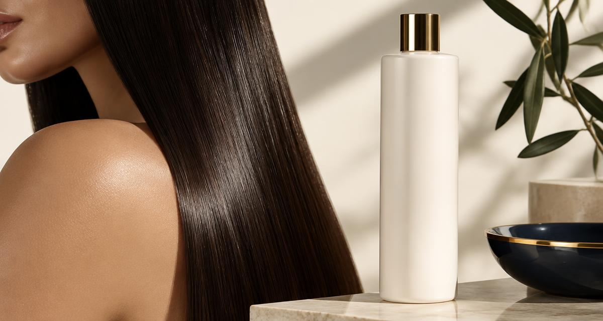 Close-up of glossy straightened dark hair next to an unbranded white hair straightening treatment bottle