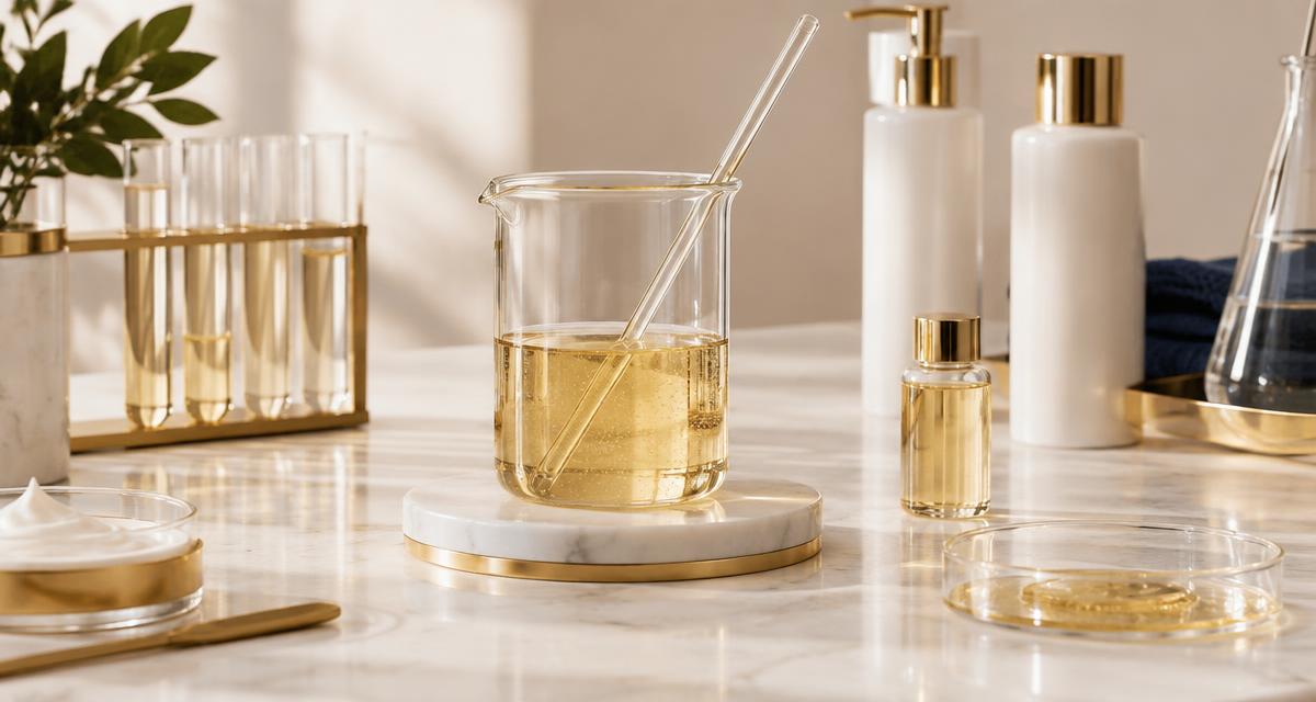 Cosmetics laboratory bench with a beaker of nanoplastia smoothing serum and unbranded white bottles