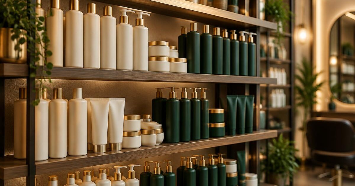 Salon backbar shelves with rows of unlabeled cream and forest green professional hair care bottles and jars