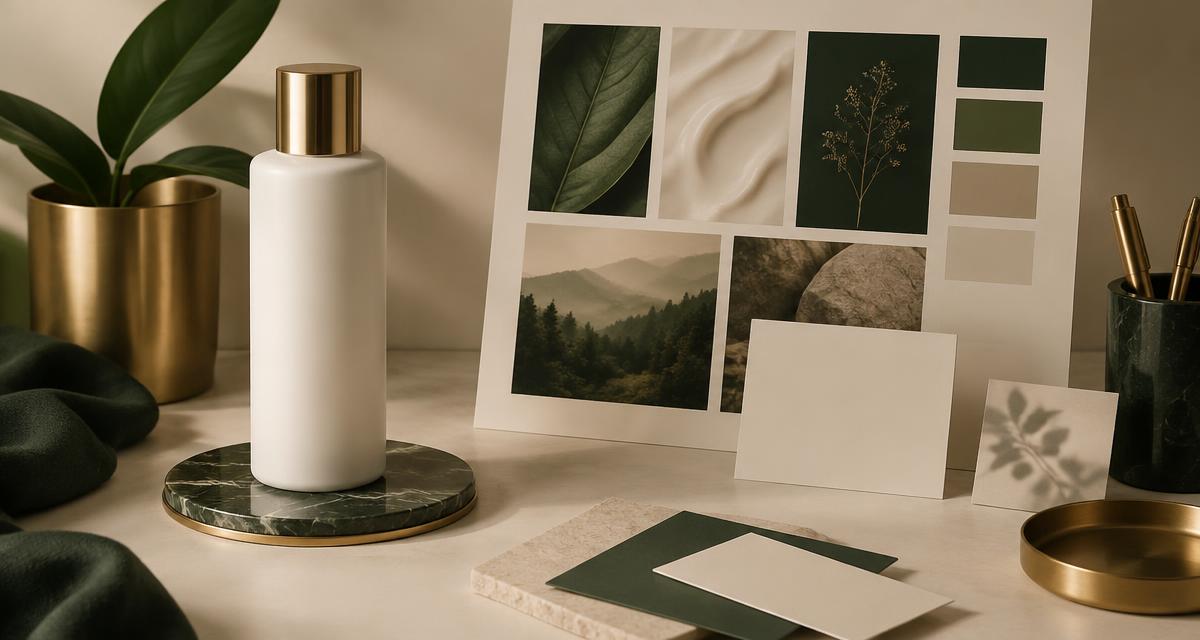 Blank white cosmetic bottle beside a brand mood board with colour swatches and blank labels
